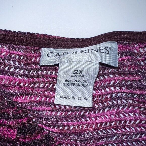 Catherines-Magenta Pink-Purple Black Open Knit Textured Vneck Tunic Top-2X - Picture 2 of 4